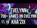 EVELYNN vs KHA'ZIX (JUNGLE) | 10/1/7, 700+ games, Godlike, 900K mastery | NA Grandmaster | v11.18