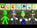 What happens when Gooigi, Blue Luigi, SM64 Luigi & MLG Luigi uses Mario's Power-Ups?