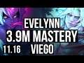 EVELYNN vs VIEGO (JUNGLE) | 16/1/8, 3.9M mastery, Legendary, 400+ games | KR Diamond | v11.16